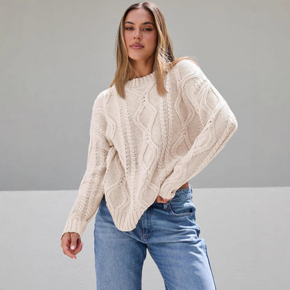Damen Pullover Grobgestrickt Zopfmuster Norvielle