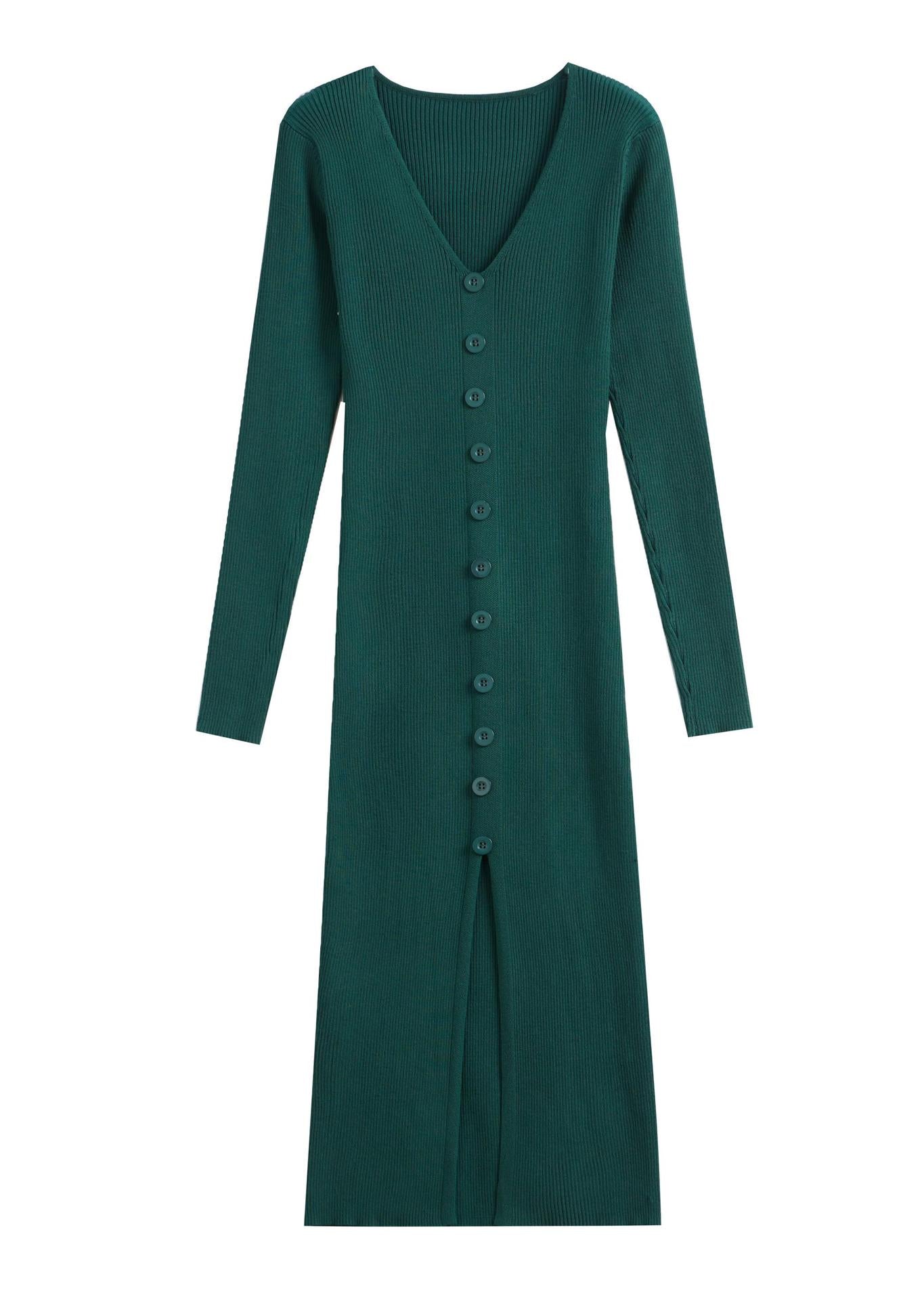 Damen Langarm Strickkleid V-Ausschnitt Knopfleiste Norvielle