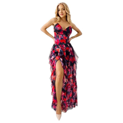 Damen Maxikleid Chiffon Rüschendetails Floralmuster Norvielle