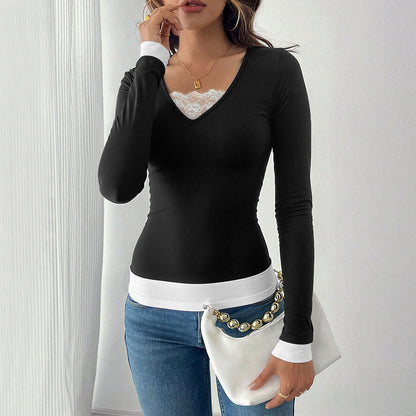 Damen Langarmshirt V-Ausschnitt mit Untertop