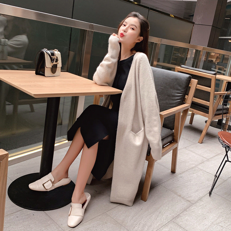 Damen Strickjacke Lässig Offener Schnitt Tiefen Taschen Beige