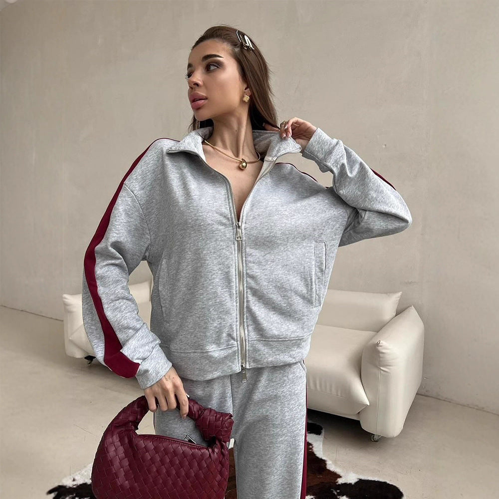 Damen Fleece-Jogginganzug Elastischer Bund Hochkragen Schwarz - Norvielle