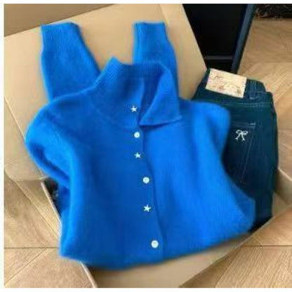 Damen Strickjacke Hohem Kragen Sternknöpfe Norvielle