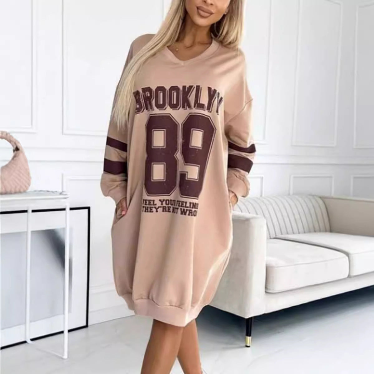 Damen Oversized Kleid Sportlich Grafikdruck V-Ausschnitt