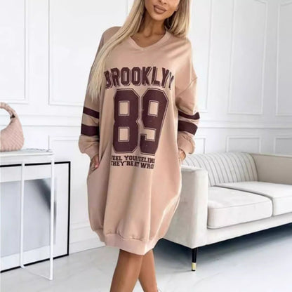 Damen Oversized Kleid Sportlich Grafikdruck V-Ausschnitt