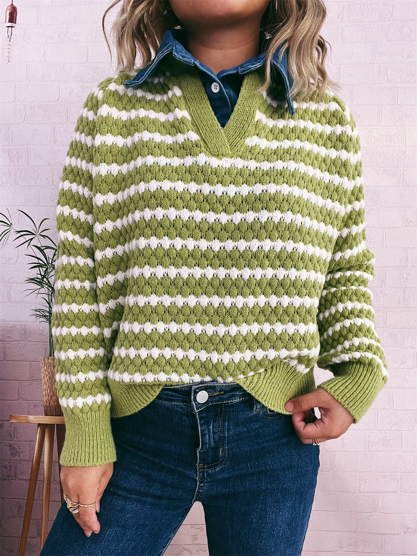 Damen Strickpullover V-Ausschnitt Streifenmuster