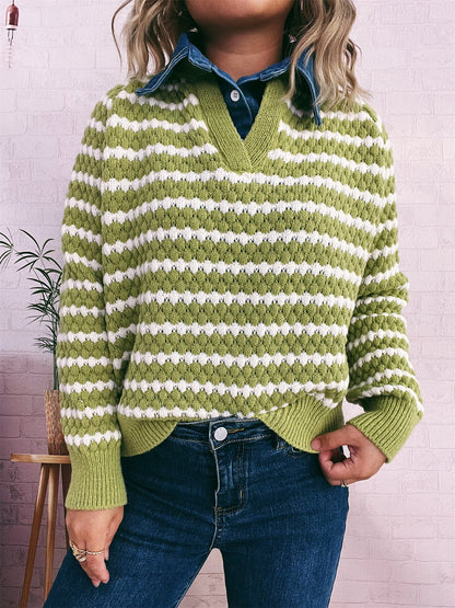 Damen Strickpullover V-Ausschnitt Streifenmuster