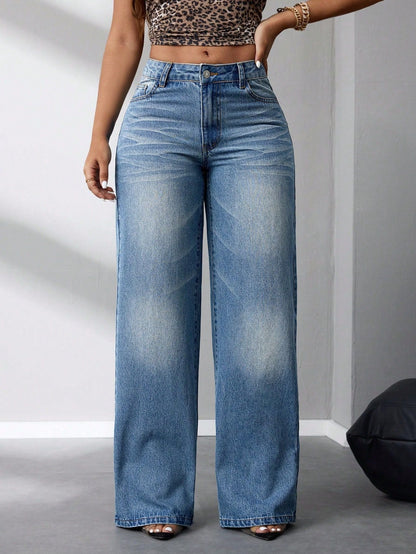 Damen High-Waist Jeans Weit Vintage-Stil