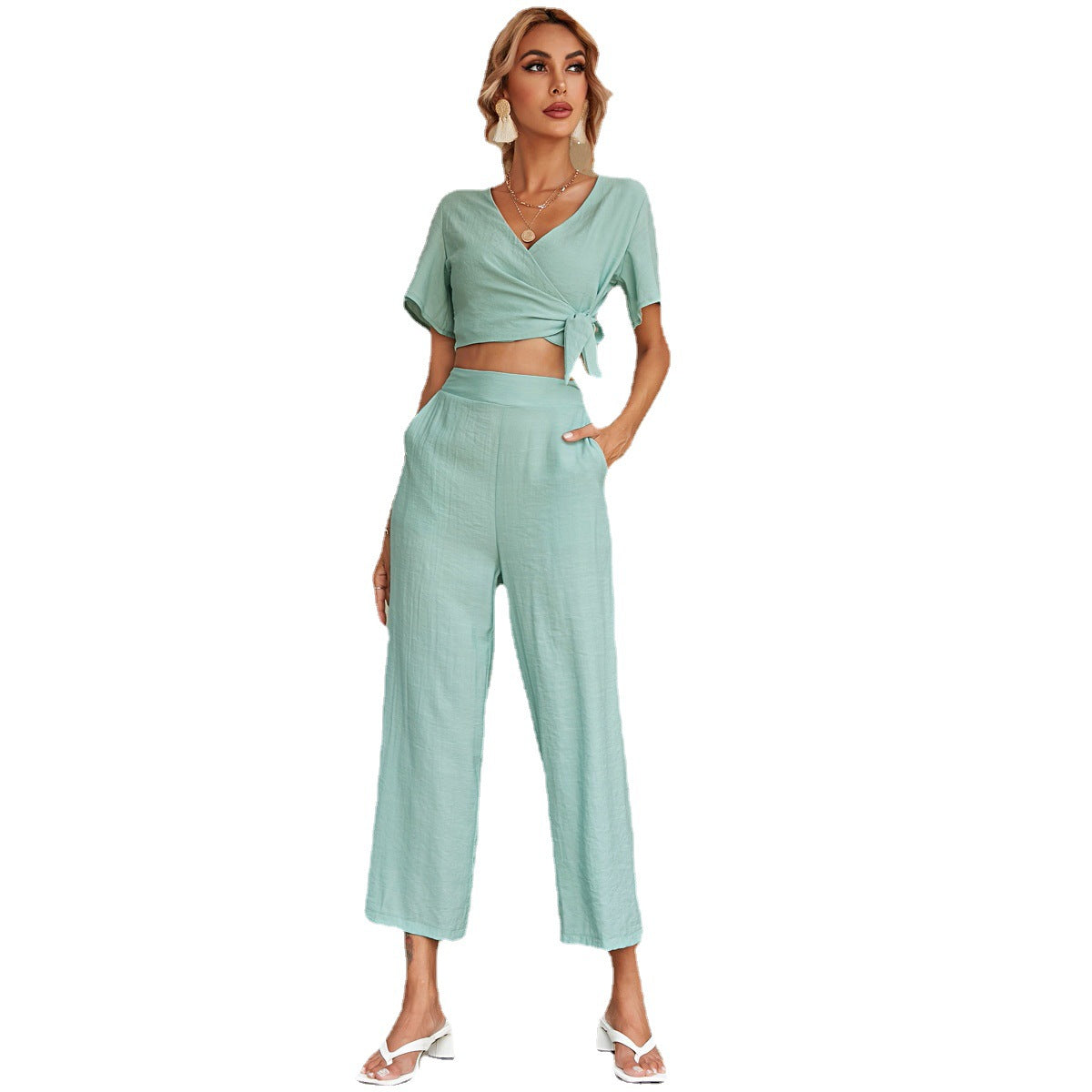 Damen Two-Piece Set Lässiger Schnitt Bindegürtel Norvielle