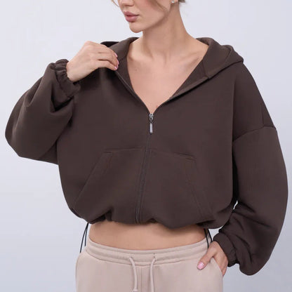 Damen Cropped Kapuzenjacke Reißverschluss Übergroße Ärmel Norvielle - Norvielle