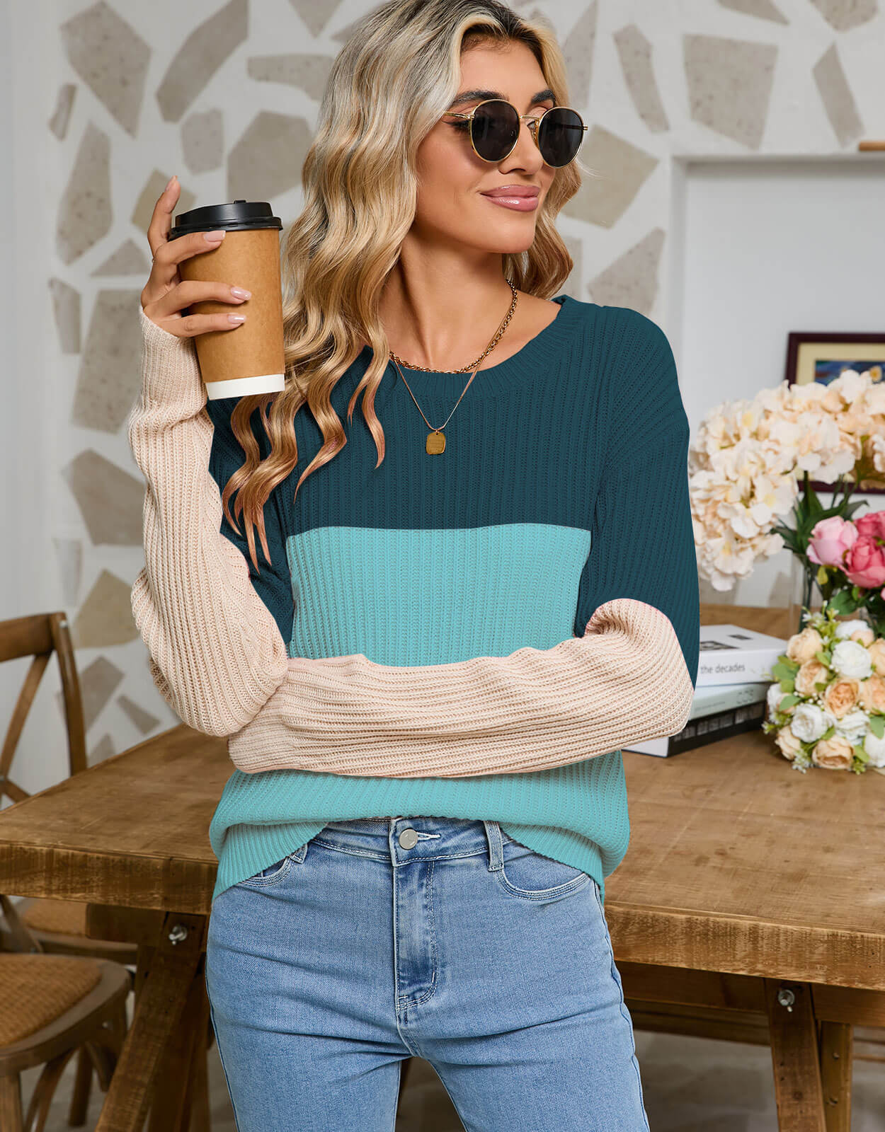 Damen Strickpullover Farbblockdesign