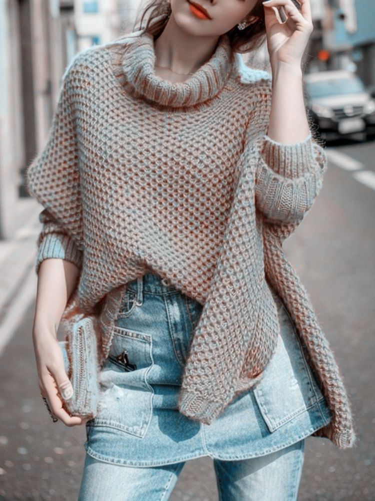 Damen Strickpullover Hochkragen Strukturiert Beige