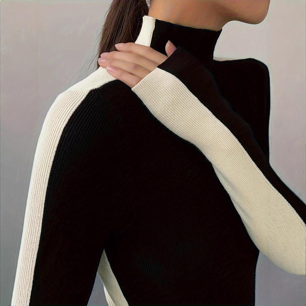 Damen Rollkragenpullover Kontrastärmel Norvielle