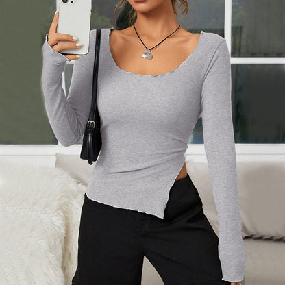 Damen Langarmshirt Asymmetrischer Saum Eleganter Ausschnitt Norvielle