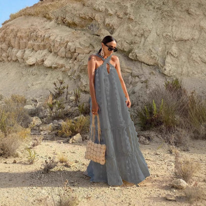Damen Maxikleid mit Volant-Design und Blumenapplikationen
