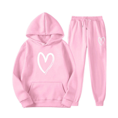 Damen Sweatanzug Kängurutasche Herzprint Grün