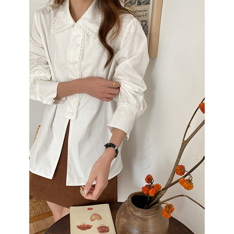 Damen Bluse Spitzenkragen Elegantes Design Weiß