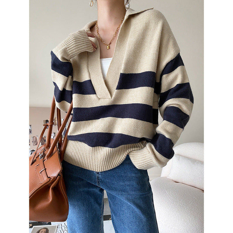 Damen Strickpullover V-Ausschnitt Streifen - Norvielle