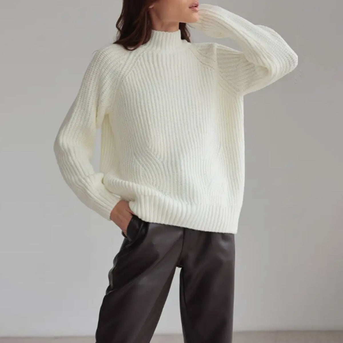 Damen Strickpullover Loose Fit Rollkragen Raglanärmel Gerippt