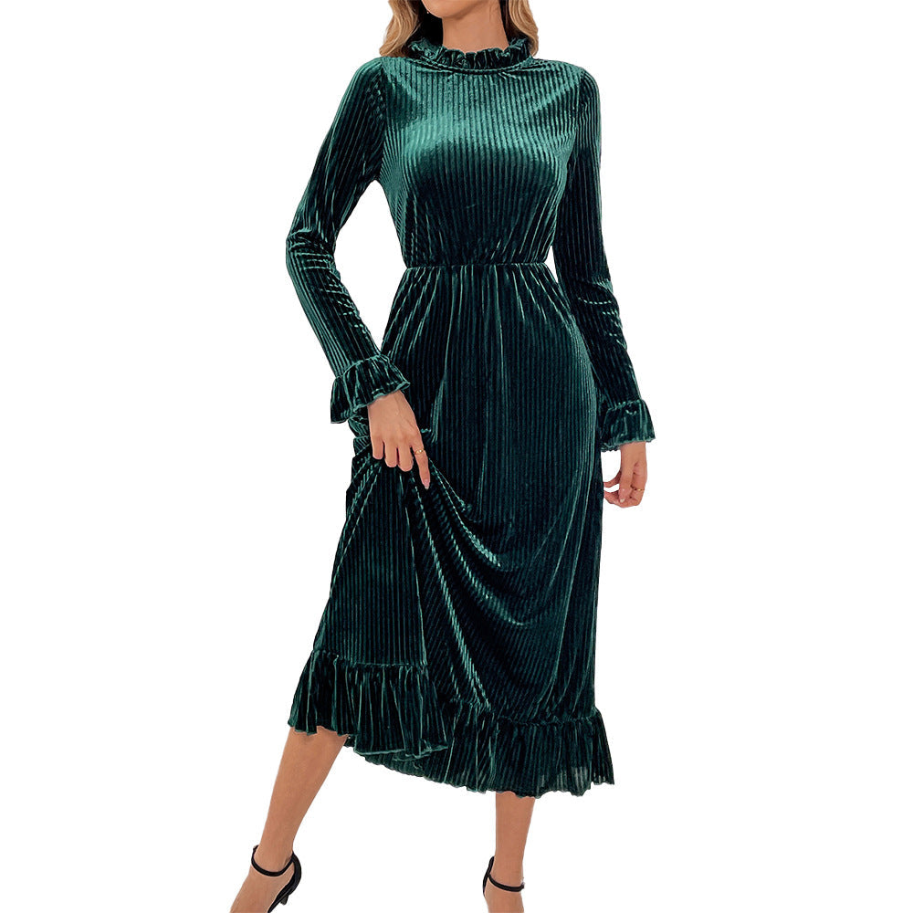 Damen Langarm-Wickelkleid Samt Rüschendetails