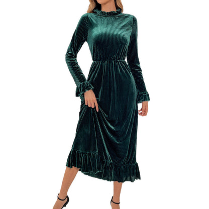 Damen Langarm-Wickelkleid Samt Rüschendetails