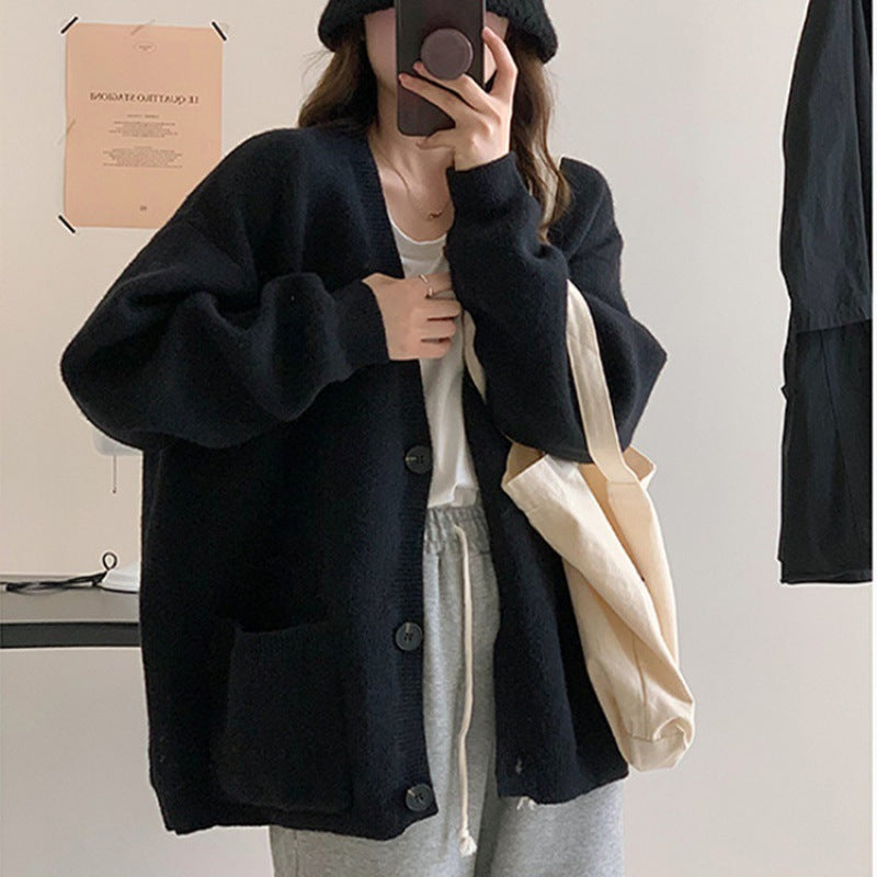 Damen Strickjacke Oversized V-Ausschnitt mit Taschen Beige