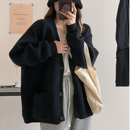 Damen Strickjacke Oversized V-Ausschnitt mit Taschen Beige