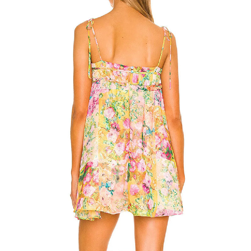 Damen Minikleid mit Spaghettiträgern und Rüschendetails Blumenmuster