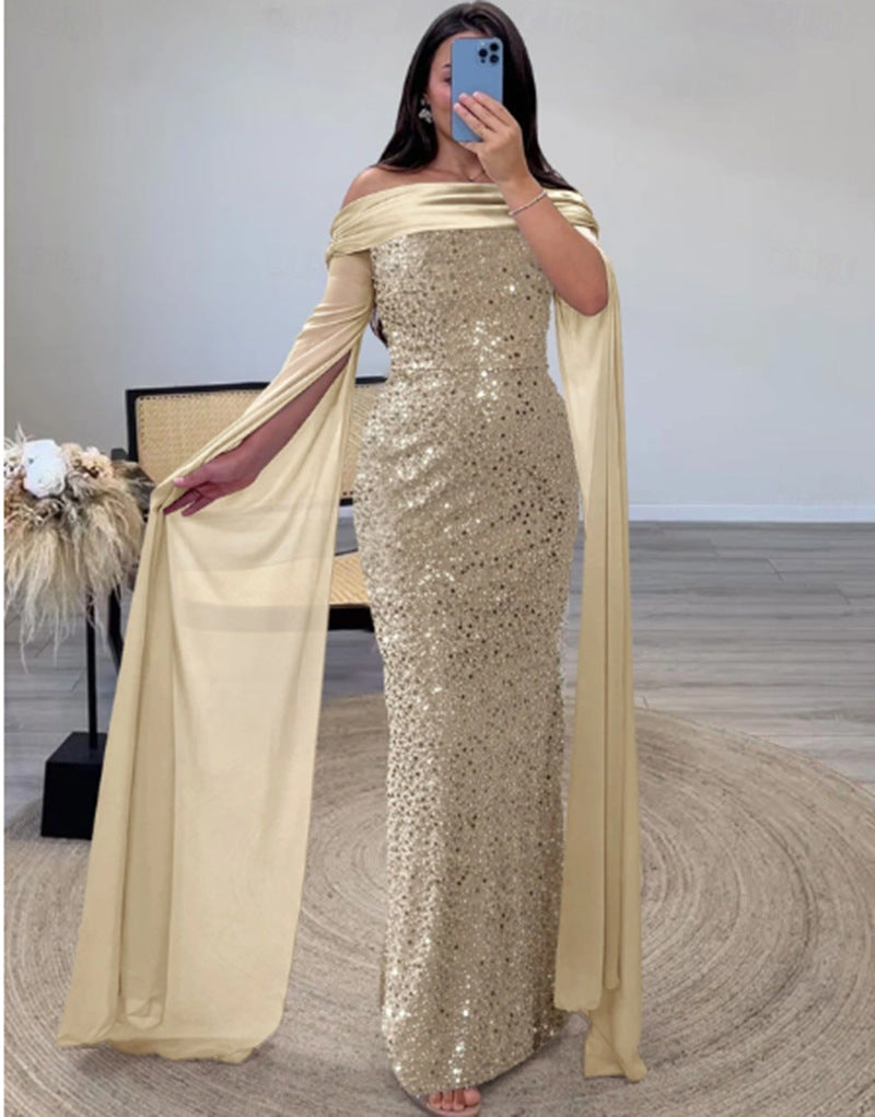 Damen Abendkleid Schulterfrei Glitzernd Langärmlig Norvielle