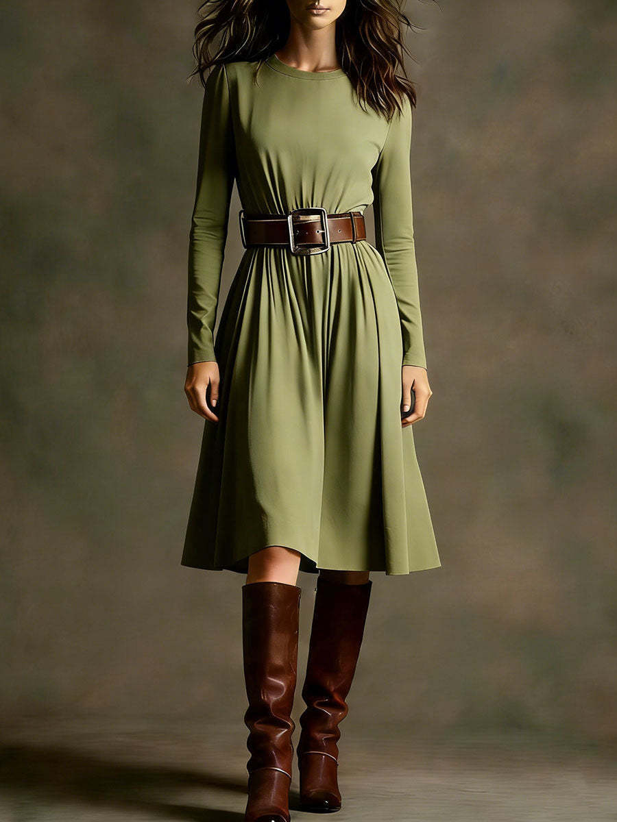 Damen Elegantes Kleid Langarm Taillengürtel Norvielle
