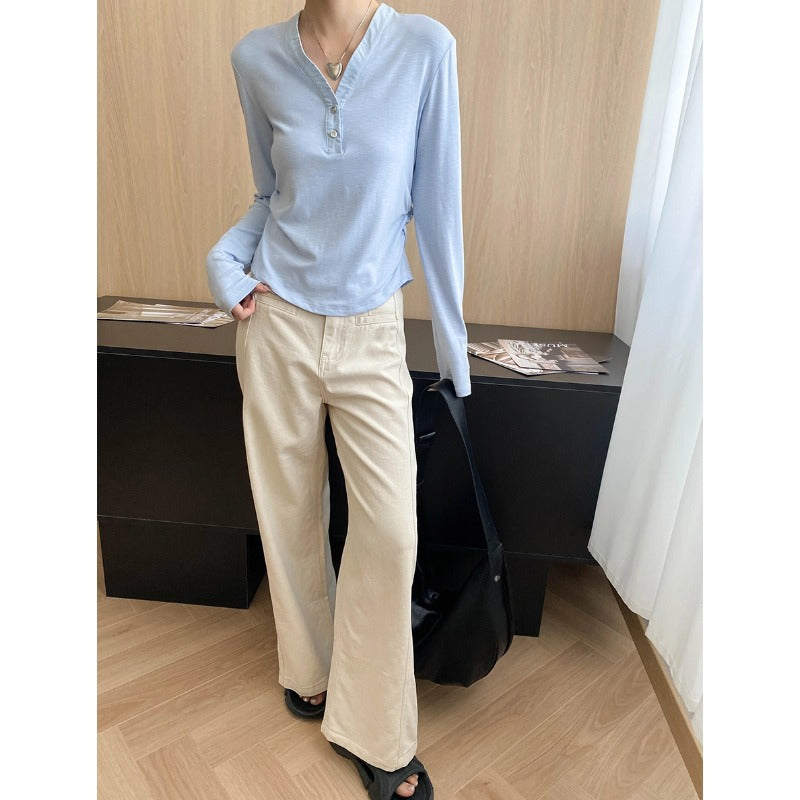 Damen Langarm Henley-Shirt Baumwolle Locker Weiß