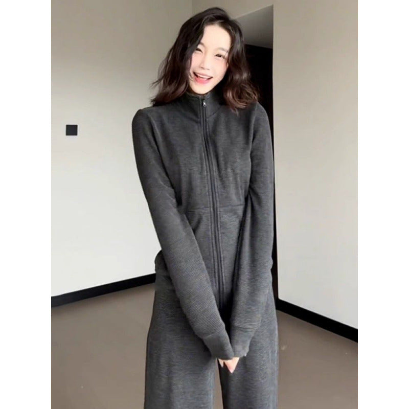Damen Fleece-Anzug-Set Weites Design Hocher Kragen Grün