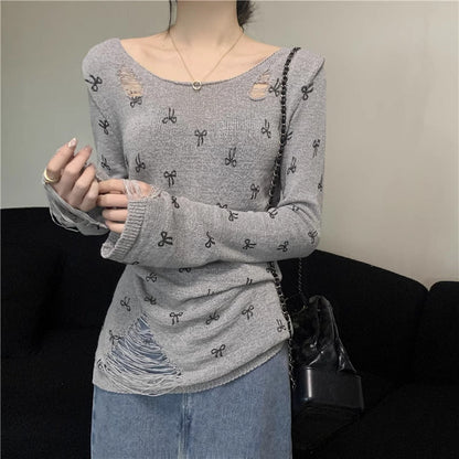 Damen Langarmshirt Risse Verspielt Motiv Norvielle