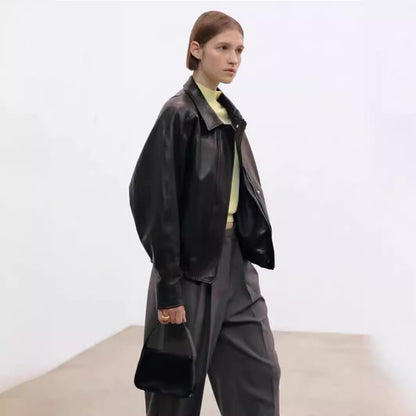 Damen Kunstlederjacke Lässig Voluminöse Ärmel