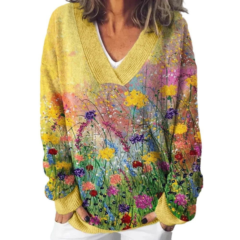 Damen Pullover V-Ausschnitt Floralmuster Lässig Norvielle