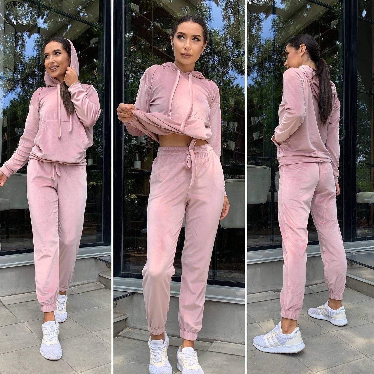 Damen Velours Lounge-Set mit Kapuze und Gummibund