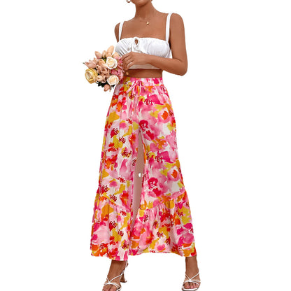 Damen Palazzo-Hose bunt Blumenmuster Rüschendetails