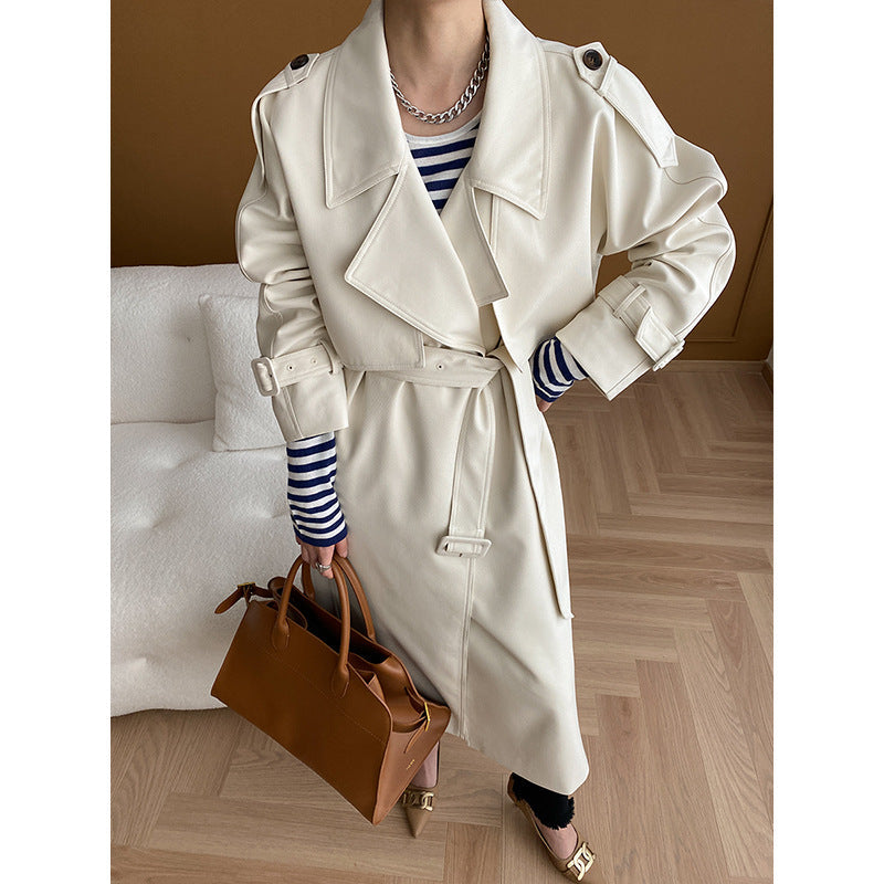 Damen Trenchcoat Breiter Revers Praktische Taschen Schwarz - Norvielle