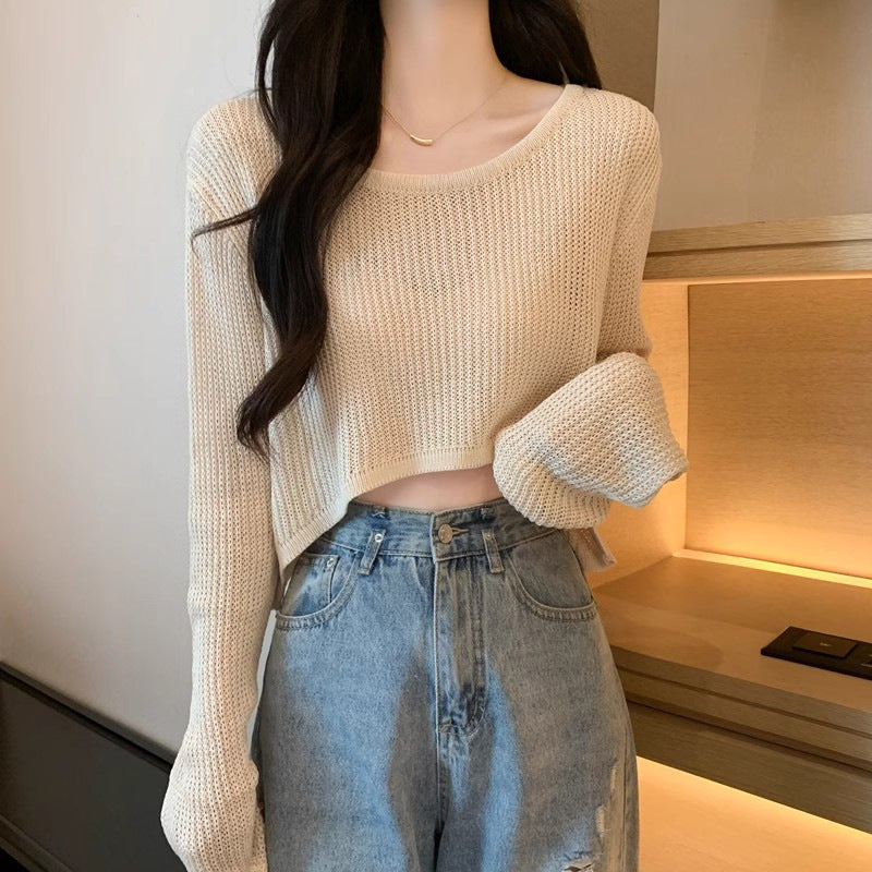 Damen Cropped Pullover Feinripp Strick Lässig Beige - Norvielle