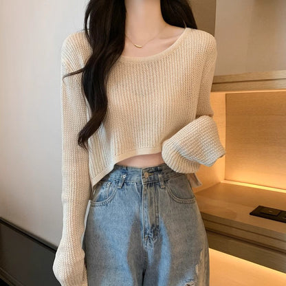 Damen Cropped Pullover Feinripp Strick Lässig Beige - Norvielle