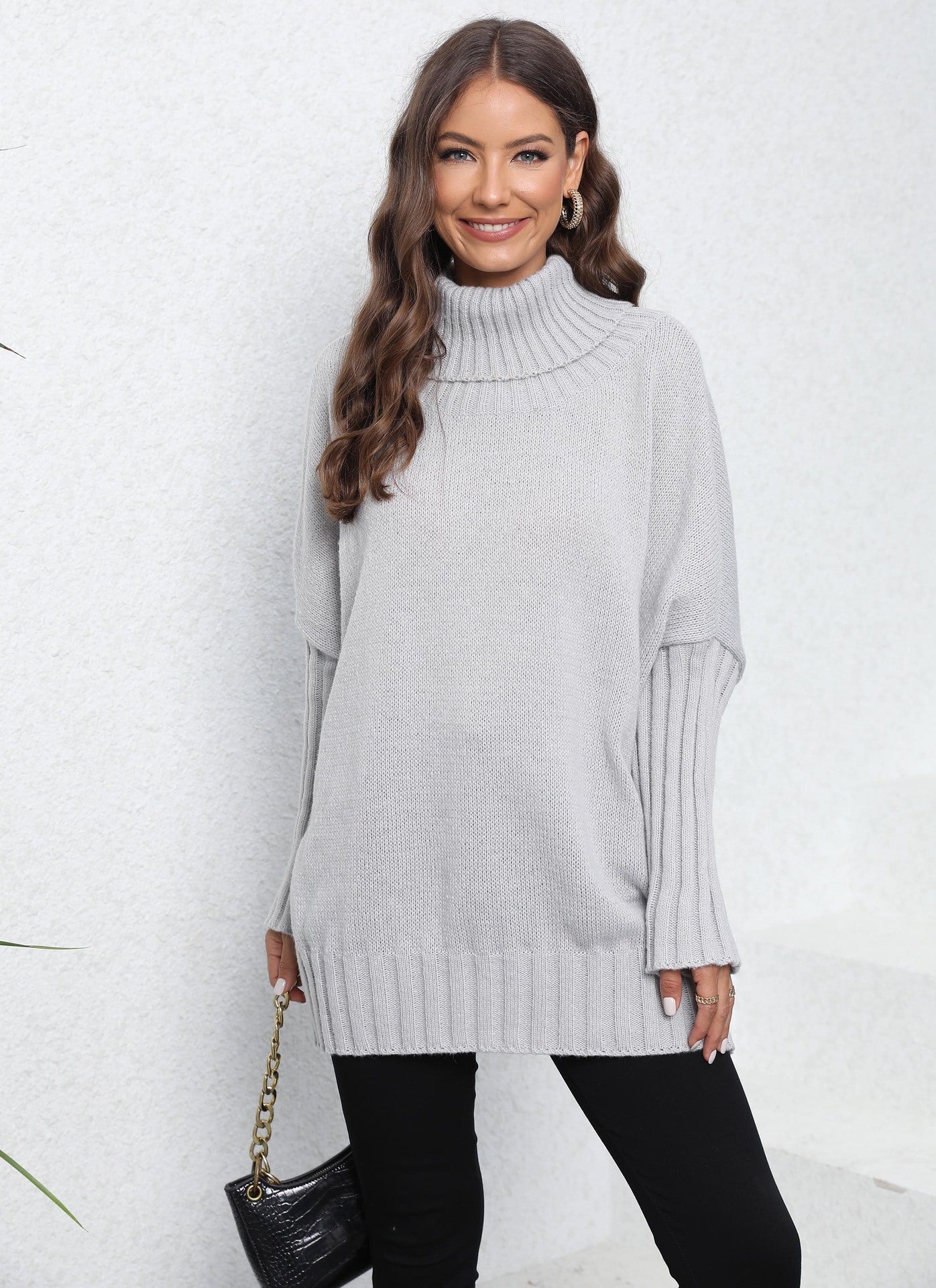 Damen Strickpullover Oversized Norvielle Hochkragen Voluminöse Ärmel