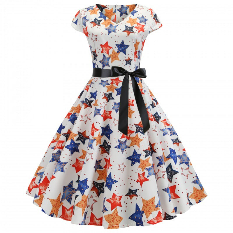 Damen Swingkleid V-Ausschnitt Voluminöser Rock
