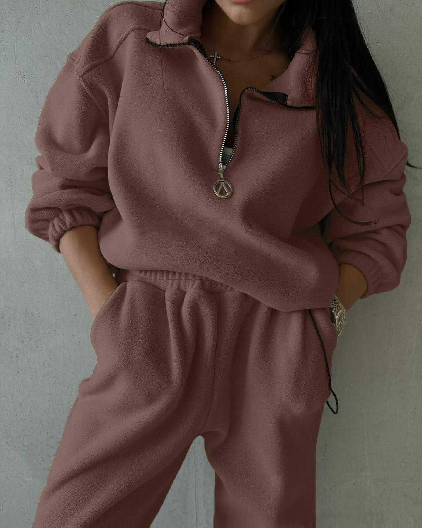 Damen Fleece-Loungewear-Set Elastischer Bund Halbzipper Beige