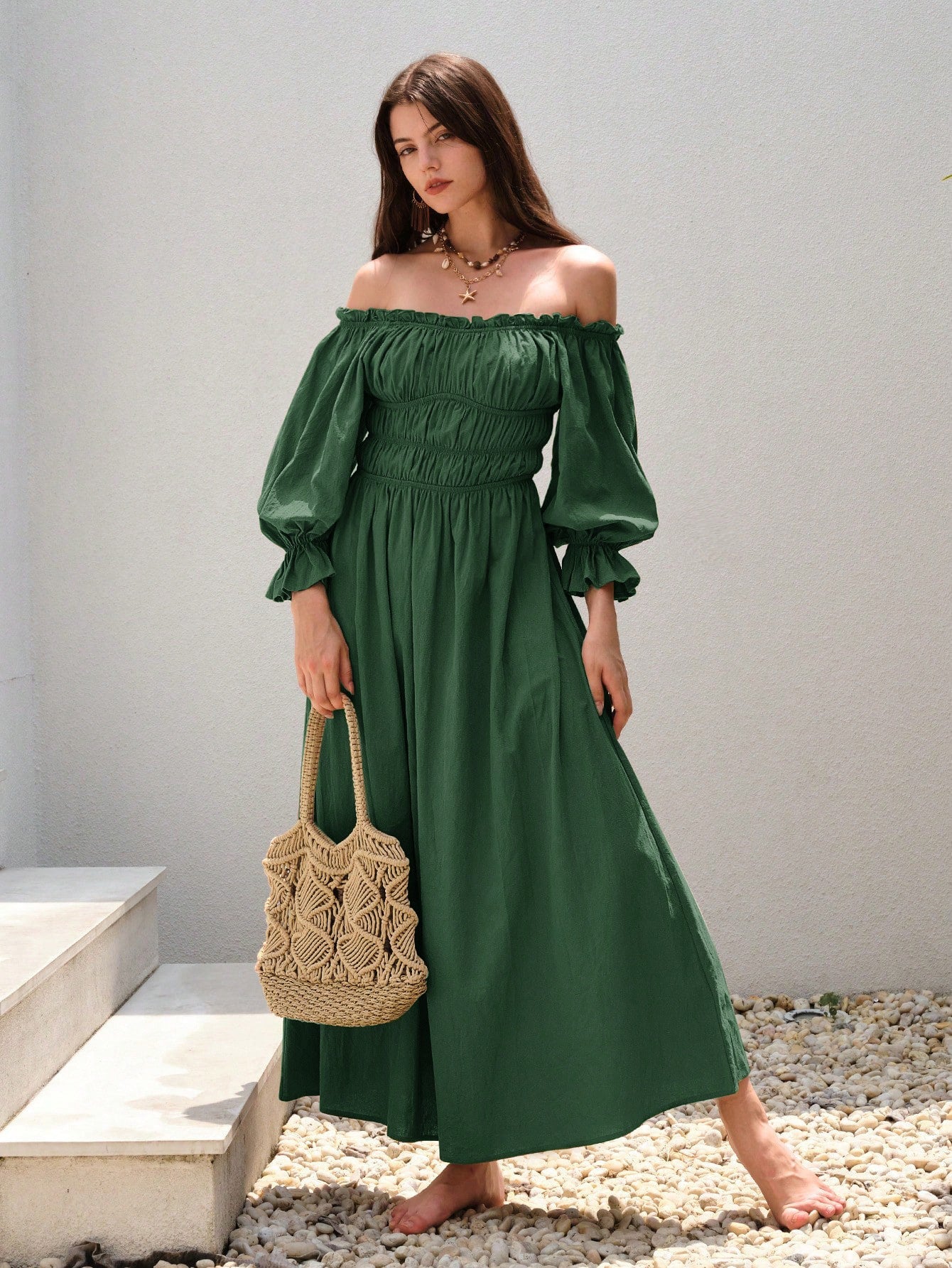 Damen Off-Shoulder-Kleid Maxi Geraffte Ärmel Norvielle