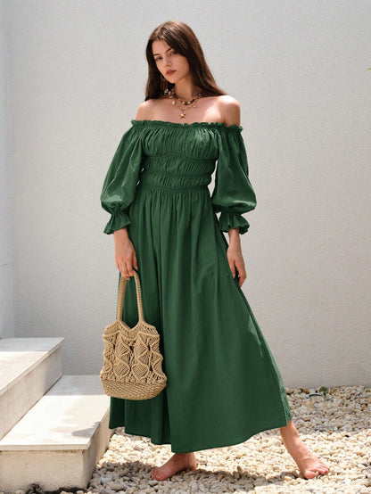 Damen Off-Shoulder-Kleid Maxi Geraffte Ärmel Norvielle