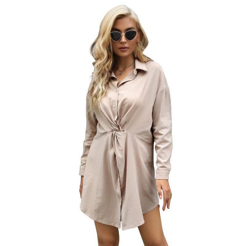 Damen Hemdblusenkleid Lässiger Schnitt Mit Knotendetail Beige