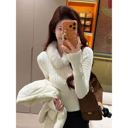 Damen Strickpullover Fellkragen Elegante Knöpfe Beige