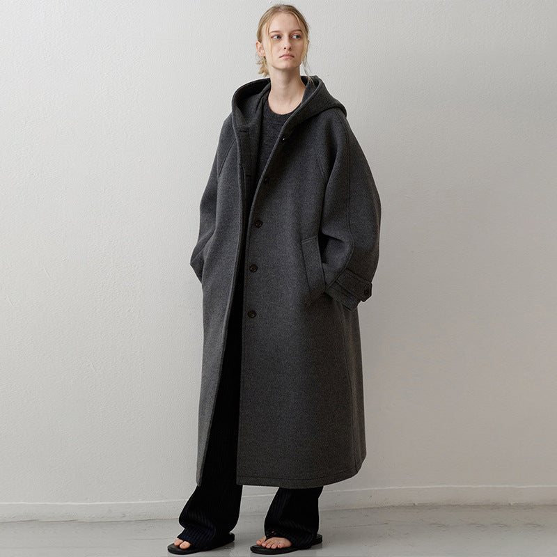 Damen Wollmantel Oversized mit Kapuze und Taschen Schwarz - Norvielle