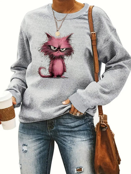 Damen Sweatshirt Katzenmotiv Baumwolle Weiß