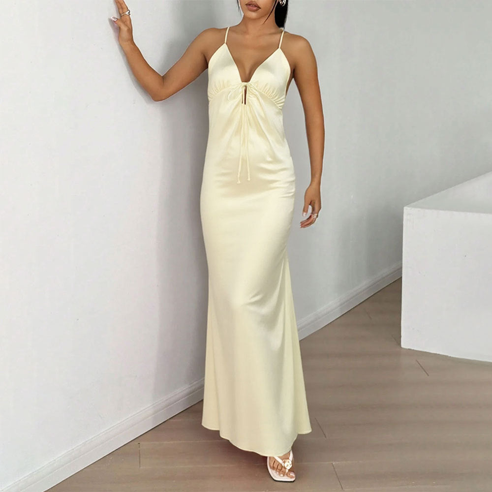 Damen Langarmkleid V-Ausschnitt Schnürdetail Norvielle